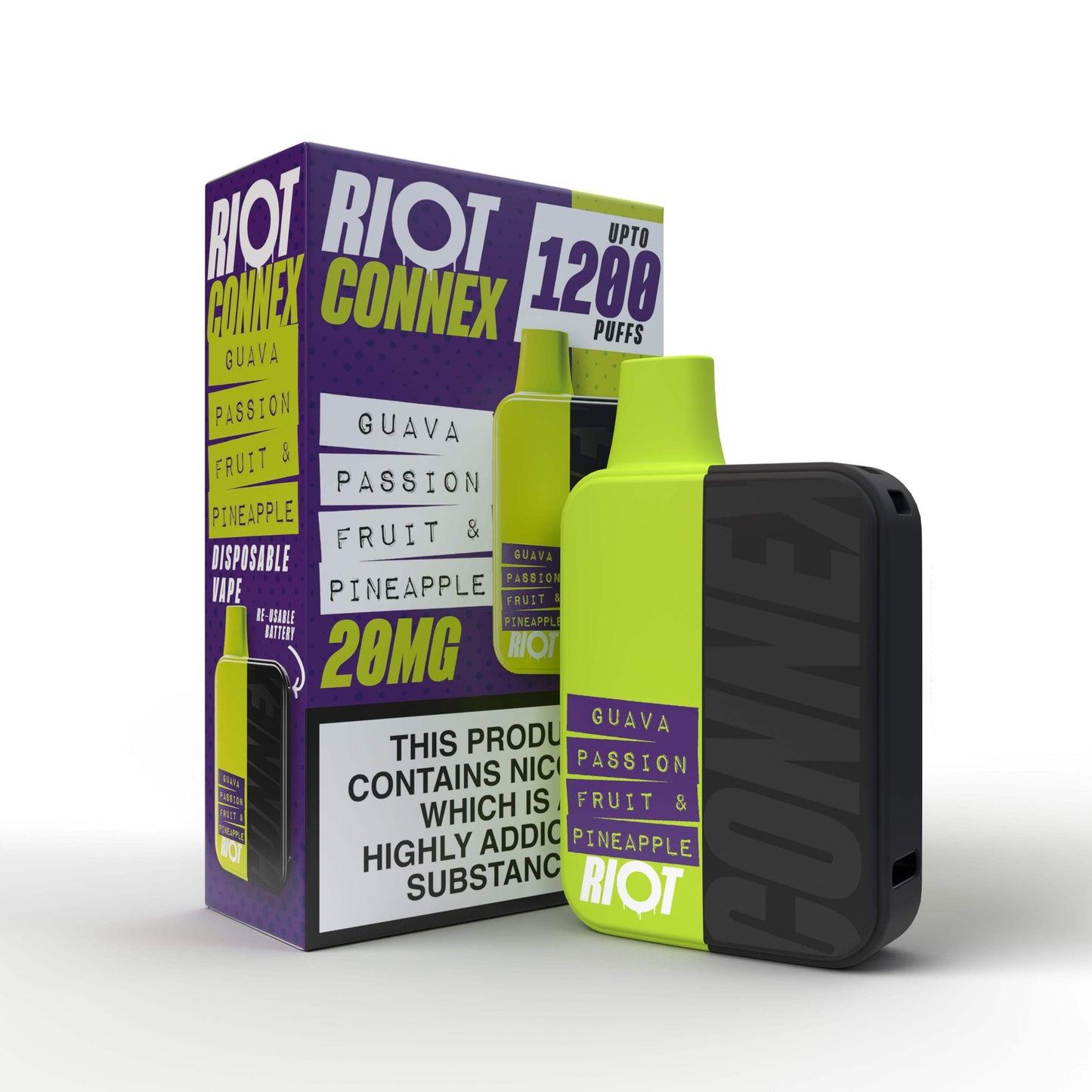 GUAVA PASSION FRUIT & PINEAPPLE - RIOT CONNEX - DISPOSABLE POD SYSTEM KIT - 1200 PUFFS BY RIOT SQUAD - Vapeslough