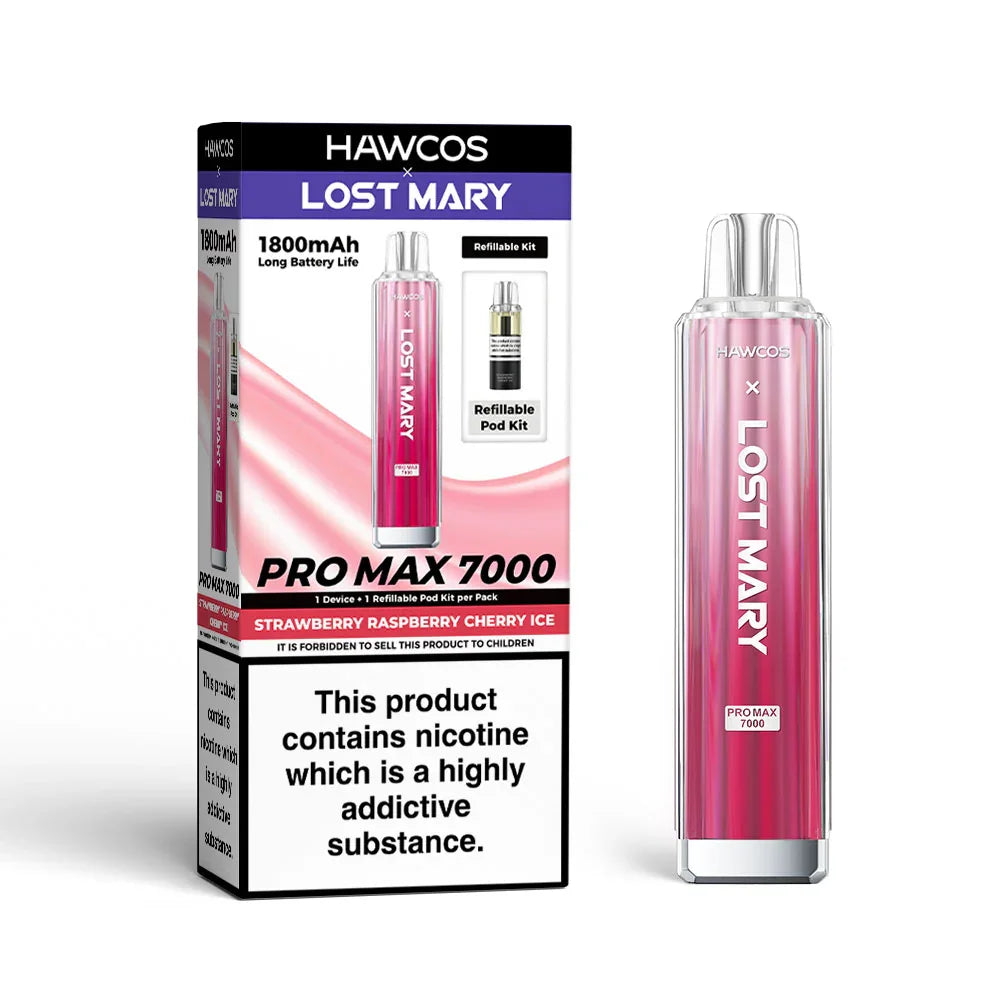 Strawberry Raspberry Cherry Ice - Hawcos x Lost Mary Pro Max 7000 Prefilled Pod Kit - 20mg - Vapeslough