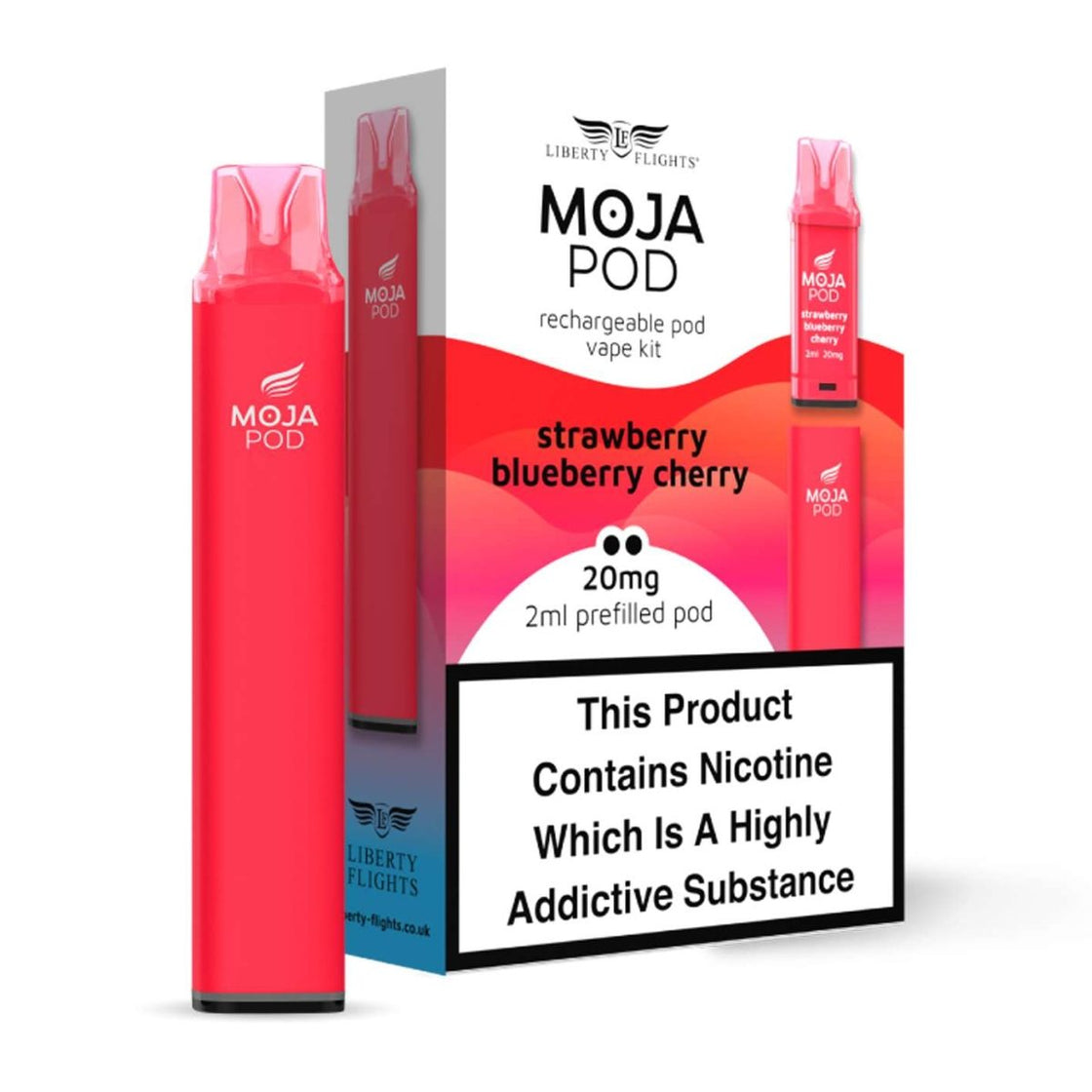 MOJA POD SYSTEM + STRAWBERRY BLUEBERRY CHERRY PREFILLED POD 20MG(2%) BY LIBERTY FLIGHTS