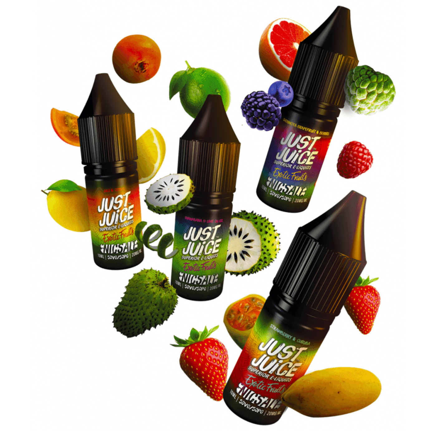 EXOTIC FRUITS 10ML NIC SALT - 10MG|20MG BY JUST JUICE - 4 X FULL RANGE FOR £11.99 - Vapeslough