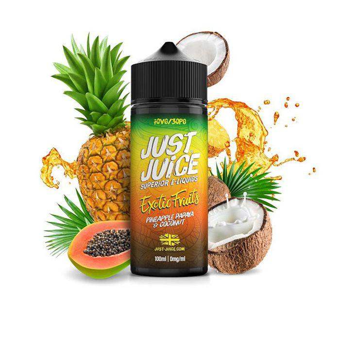 PINEAPPLE, PAPAYA & COCONUT 100ML SHORT FILL E-LIQUID BY JUST JUICE EXOTIC - Vapeslough