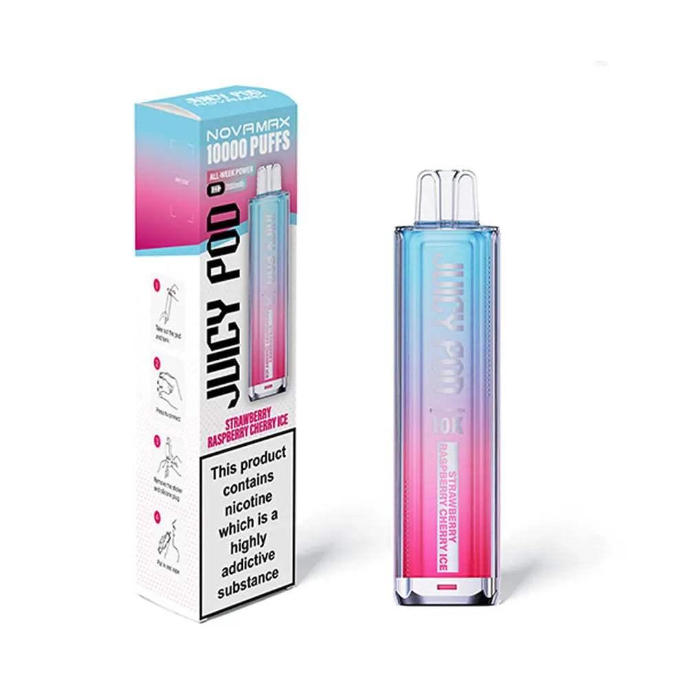 STRAWBERRY RASPBERRY CHERRY ICE - JUICY POD NOVAMAX 10K PRE-FILLED VAPE KIT - Vapeslough