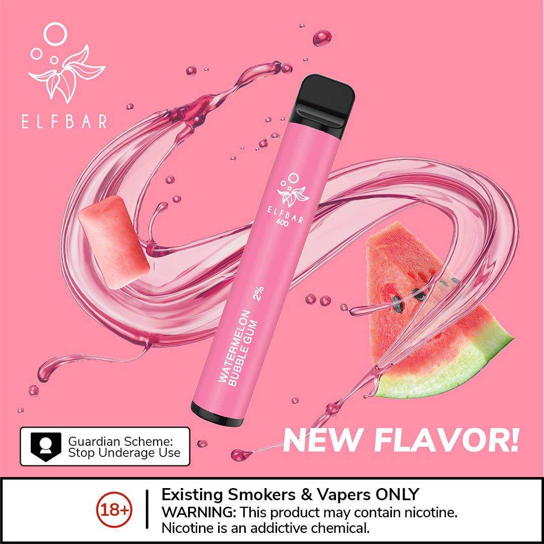 WATERMELON BUBBLE GUM ELF BAR 600 DISPOSABLE DEVICE - 20MG - Vapeslough